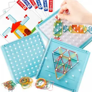Child Montessori Educational Peg Board Kids Mathematical Graphical Geoboard STEM Toy with 60 Pattern Cards and 100 Latex Bands