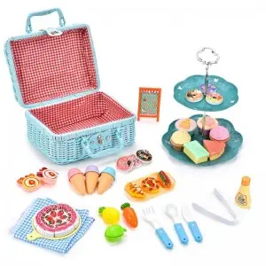 43pcs Picnic Basket Play Set Toy Simulated Cake Ice-Cream Cone Dessert Donut Bread Dim Sum Rack Vegetables Fruits Cutting Toys