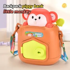 Baby Plastic Coin Money Saving Box Key Unlocking Cartoon Monkey Piggy Bank Toys with Adjustable Straps for Kids Boys and Girls