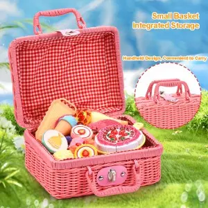 43pcs Picnic Basket Play Set Toy Simulated Cake Ice-Cream Cone Dessert Donut Bread Dim Sum Rack Vegetables Fruits Cutting Toys