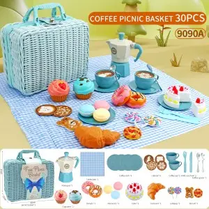 Kids Pretend Play Afternoon Tea Picnic Basket Toy Set Education Simulated Mocha Pot Coffee Cup Set