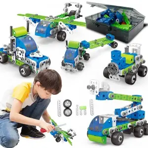 Kids STEM 175pcs 18 Models In 1 DIY Construction Pull Back Engineering Truck Creative Screw and Nut Assembly Vehicle Play Kit Children Educational Building Block Toys for Boys Gift