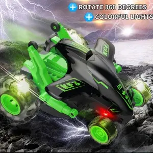 27MHz Remote Control Toys Devil Shark Car Kids Cool up-Right Spinning 360 Degree Rotation RC Stunt Car with Colorful Light