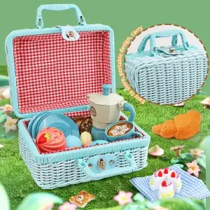 Kids Pretend Play Afternoon Tea Picnic Basket Toy Set Education Simulated Mocha Pot Coffee Cup Set