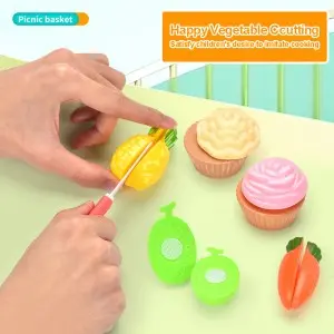 43pcs Picnic Basket Play Set Toy Simulated Cake Ice-Cream Cone Dessert Donut Bread Dim Sum Rack Vegetables Fruits Cutting Toys