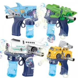 2-in-1 Plastic DIY Screws Assembling Truck Airplane Toys Bubble Gun Blaster for Kids STEM Education & Summer Outdoor Play