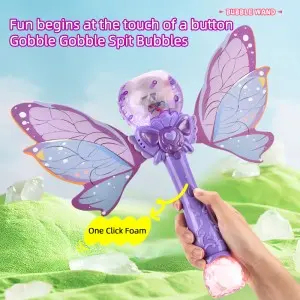 Electric Automatic Bubble Blowing Stick Purple Magic Bubble Wand Toy with 2 Bottles Solution & Light Function