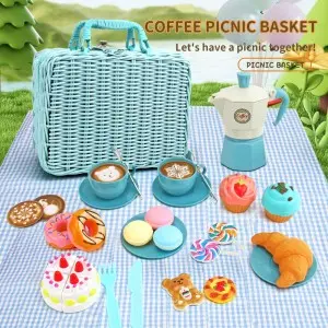 Kids Pretend Play Afternoon Tea Picnic Basket Toy Set Education Simulated Mocha Pot Coffee Cup Set