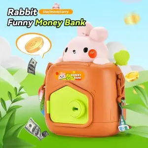 Baby Cute Bunny Coin/ Money/ jewelry Saving Box Toddlers Key Unlocking Cartoon Rabbit Piggy Bank Toys with Adjustable Straps