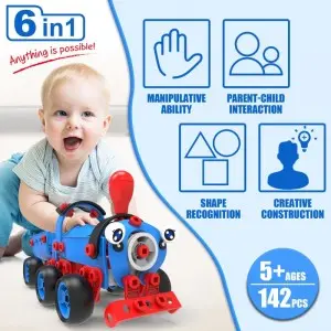 142PCS 6-in-1 DIY Building Kit Educational Construction Play Set Creative Robot Vehicle Screw and Nut Assembly Kids STEM Toy