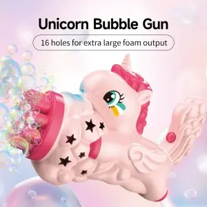 16 Hole Electric Unicorn Bubble Gun Toy with Light and 60ml Bubble Solution