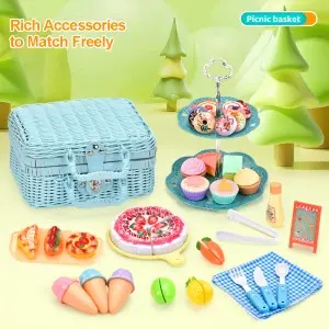 43pcs Picnic Basket Play Set Toy Simulated Cake Ice-Cream Cone Dessert Donut Bread Dim Sum Rack Vegetables Fruits Cutting Toys