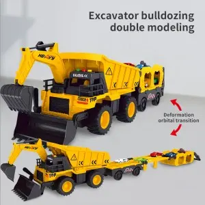 Boys Urban Construction Road Roller Excavator Combination Vehicle Acousto-Optic Friction Powered Engineering Truck Toy for Kids