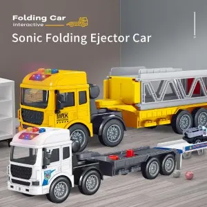 Kids Acousto-Optic Friction Transporter Vehicles Ejection Foldable Deformation Military Trailer Truck Toy with Mini Racing Cars