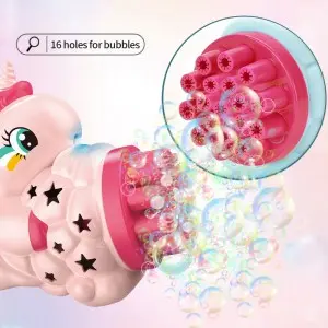 16 Hole Electric Unicorn Bubble Gun Toy with Light and 60ml Bubble Solution