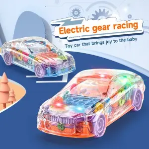 Children Transparent Electric Universal Racing Car Toy Battery Operated Plastic Rotating Concept Gear Car Toys With Music Light