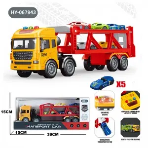 Kids Acousto-Optic Friction Transporter Vehicles Ejection Foldable Deformation Military Trailer Truck Toy with Mini Racing Cars