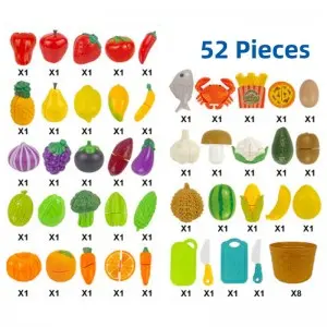 52pcs Kitchen Pretend Play Fruits Vegetables Seafood Color Shape Cognition Sorting Set Kids Educational Food Cutting Toy Set