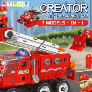 159PCS 7-in-1 Fire Rescue Vehicle Building Block Toys Set Children Hand-on Ability Training Screw and Nuts Assembly City Truck