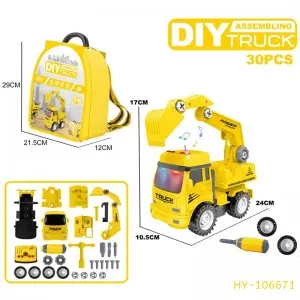 Friction Powered Excavator/Crane/Dump Truck/Concrete Mixer DIY Assembly Engineering Truck Toys Set with Backpack & Light & Music