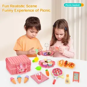 43pcs Picnic Basket Play Set Toy Simulated Cake Ice-Cream Cone Dessert Donut Bread Dim Sum Rack Vegetables Fruits Cutting Toys