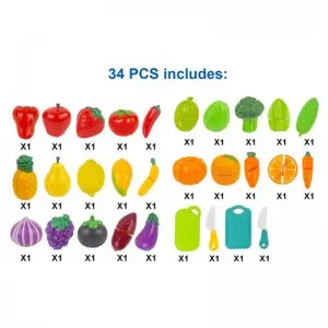 34pcs Farm Market Kitchen Pretend Play Food Set Educational Fruits & Vegetables Cutting Toys Set with Portable Picnic Basket