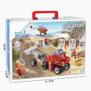 187PCS STEM Screw Nut Assembling Fire Fighting Vehicle Helicopter Toys Educational Fire Rescue Truck Building Block Set for Kids
