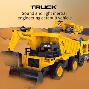 Boys Urban Construction Road Roller Excavator Combination Vehicle Acousto-Optic Friction Powered Engineering Truck Toy for Kids