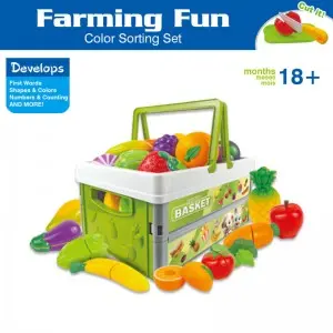 34pcs Farm Market Kitchen Pretend Play Food Set Educational Fruits & Vegetables Cutting Toys Set with Portable Picnic Basket
