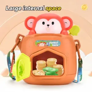 Baby Plastic Coin Money Saving Box Key Unlocking Cartoon Monkey Piggy Bank Toys with Adjustable Straps for Kids Boys and Girls
