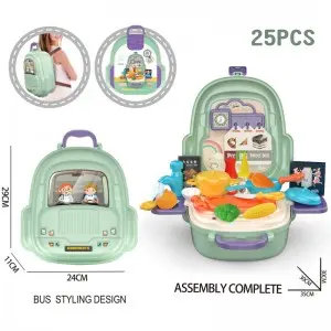 Children Pretend Play Backpack Kitchen Play Kit 25-Piece Chef Toy Set for Girls with Plastic Cooking Pot and Simulated Food