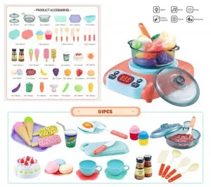 51pcs Pretend Play Music Light Spray Induction Cooker Simulation Tableware Kitchenware Kitchen Food Toy Cooking Set for Kids