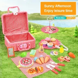 43pcs Picnic Basket Play Set Toy Simulated Cake Ice-Cream Cone Dessert Donut Bread Dim Sum Rack Vegetables Fruits Cutting Toys