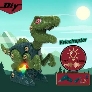 Children STEM Take Part Dinosaur Play Kit Screw Connecting Animal Kids DIY Assemble Construction Dinosaur Toy with Music Light