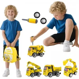 Friction Powered Excavator/Crane/Dump Truck/Concrete Mixer DIY Assembly Engineering Truck Toys Set with Backpack & Light & Music