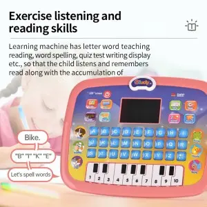Kids Learning Tablet with Piano & ABC Touchscreen – Bilingual LED Educational Toy for Ages 3-6, Pink/Blue