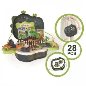 28 Pieces Multi-functional DIY Dinosaur Head Shoulder Bag Fence Volcano Tree Eggs Mini Plastic Dinosaur Toy Set for Kids