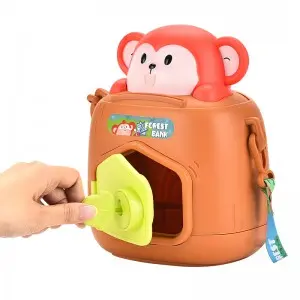 Baby Plastic Coin Money Saving Box Key Unlocking Cartoon Monkey Piggy Bank Toys with Adjustable Straps for Kids Boys and Girls