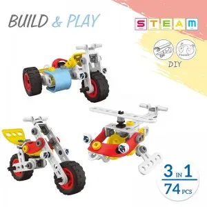 74PCS 3 in 1 Child DIY Flexible Construction Helicopter Motorcycle Play Set Intelligent Building Block Sets Model Toy for Kids