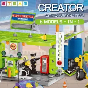 340PCS 10-in-1 Kids Gas Station Building Bricks STEM Learning Screw Disassembly Truck Car Plastic DIY Assembly Toys for Children